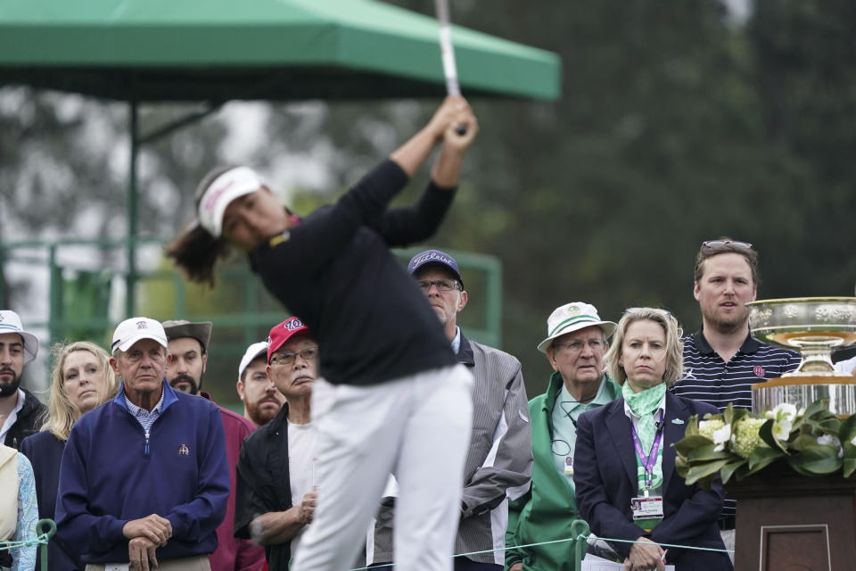 Patrons watch as Maria Jose Marin, of Columbia, tees off the first tee box during the final round of the Augusta National Women’s Amateur golf tournament at Augusta National Golf Club. Mandatory Credit: Katie Goodale-USA TODAY Sports