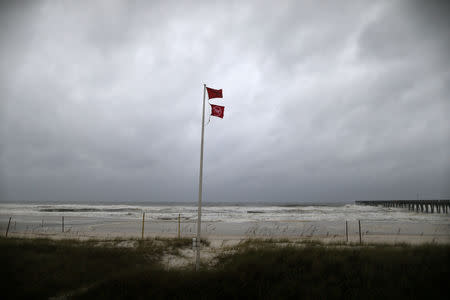 A red flag, warning of dangerous conditions, is seen as Hurricane Michael approaches Panama City Beach, Florida, U.S. October 10, 2018. REUTERS/Jonathan Bachman