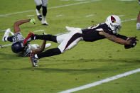 Arizona Cardinals wide receiver Christian Kirk (13) lunges for a touchdown as Seattle Seahawks cornerback Quinton Dunbar (22) defends during the second half of an NFL football game, Sunday, Oct. 25, 2020, in Glendale, Ariz. (AP Photo/Ross D. Franklin)