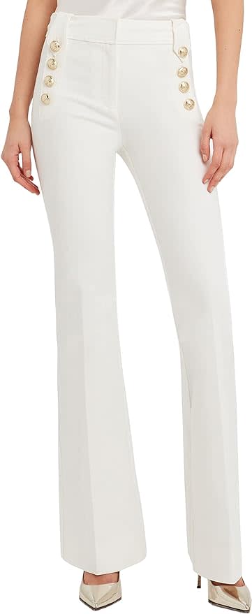 white bell bottom pants with gold buttons