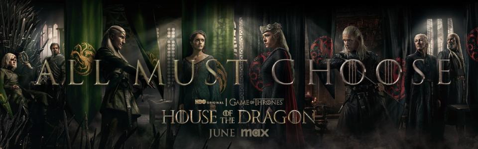 The characters of House of the Dragon standing against each other in key art that reads 