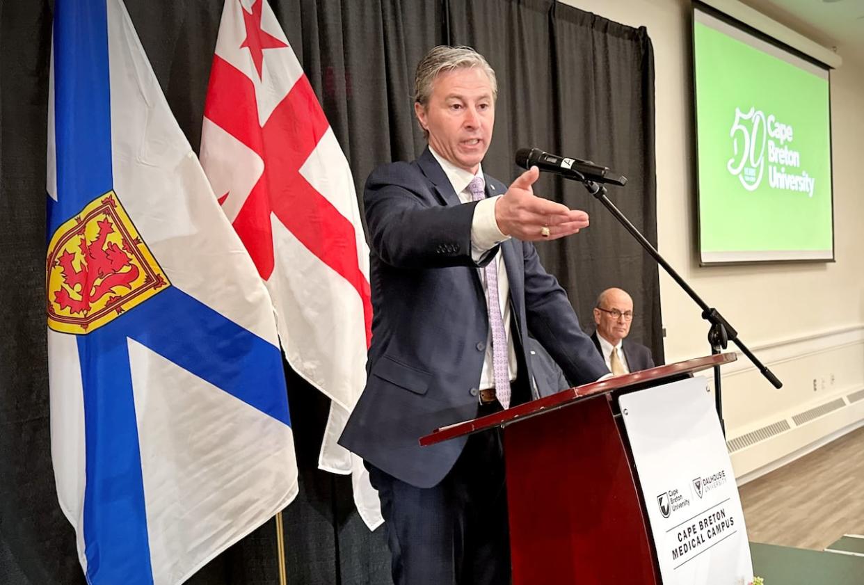 Premier Tim Houston says investing in a medical school at Cape Breton University and graduating doctors who will work in rural areas will help the government fix health care. (Tom Ayers/CBC - image credit)