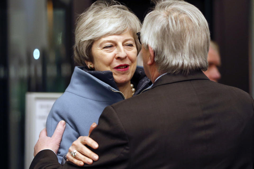 British Prime Minister Theresa May, left, is welcomed by European Commission President Jean-Claude Juncker in Strasbourg, France, Monday, March 11, 2019. May flew to Strasbourg, France, late Monday to try to secure a last-minute deal with the bloc. (Vincent Kessler/Pool Photo via AP)