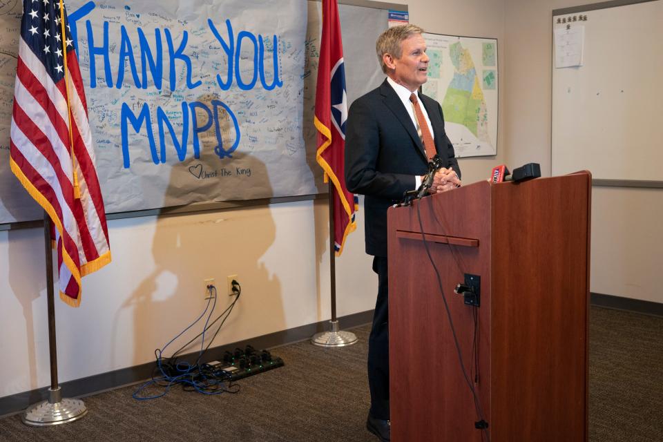 Gov. Bill Lee responds to questions during a news conference Tuesday, April 11, 2023, in Nashville, Tenn. Lee held the news conference to talk about gun control legislation and an executive order to require information for background checks on gun purchases to be updated more rapidly. (AP Photo/George Walker IV)