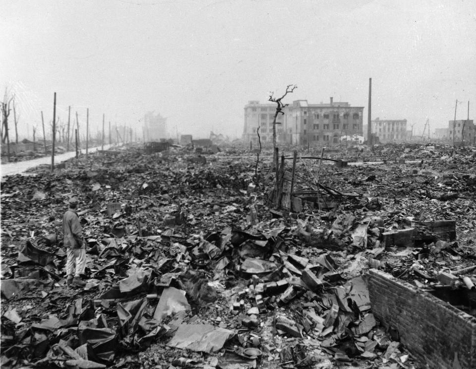 Twisted metal and rubble marks what once was Hiroshima, Japan's most industrialized city, seen some time after the atom bomb was dropped here. 