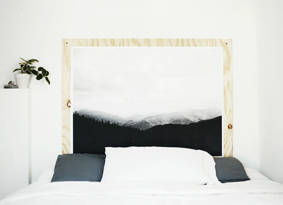 <body> <p>Hanging a framed piece above the bed is a creative alternative to the standard headboard. Instead of purchasing a photograph, however, consider using one of your own for a personalized touch. After getting an engineering print made, simply cut a piece of plywood that's a few inches larger than your picture on each side. Use a hot-<a rel="nofollow noopener" href=" http://www.bobvila.com/slideshow/10-things-you-didn-t-know-super-glue-can-do-49431?bv=yahoo" target="_blank" data-ylk="slk:glue;elm:context_link;itc:0;sec:content-canvas" class="link ">glue</a> gun to attach the print to the plywood, seal the edges with Mod Podge, screw to the wall, and voilà—instant artwork. </p> <p><strong>Related: <a rel="nofollow noopener" href=" http://www.bobvila.com/slideshow/7-everyday-objects-you-never-thought-to-hang-48139?bv=yahoo" target="_blank" data-ylk="slk:7 Everyday Objects You Never Thought to Hang;elm:context_link;itc:0;sec:content-canvas" class="link ">7 Everyday Objects You Never Thought to Hang</a> </strong> </p> </body>