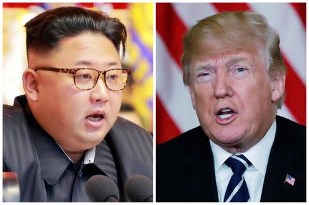 FILE PHOTO: A combination photo shows North Korean leader Kim Jong Un (L) in Pyongyang, North Korea and U.S. President Donald Trump (R), in Palm Beach, Florida, U.S., respectively from Reuters files. REUTERS/KCNA handout via Reuters & Kevin Lamarque (R)