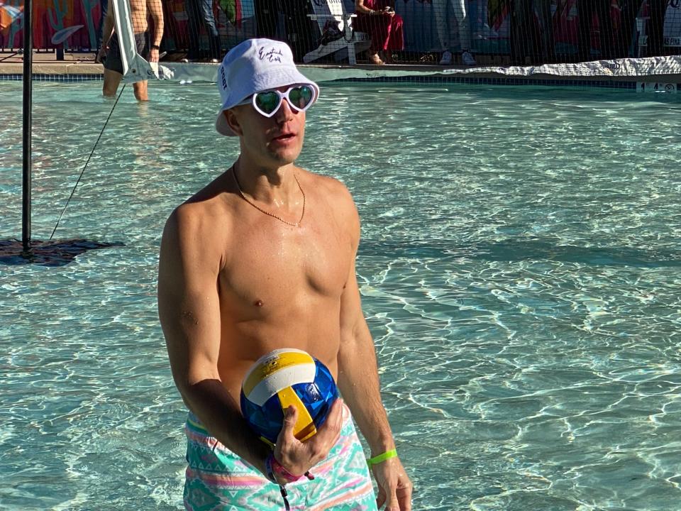 Rob Gronkowski's brother Gordie takes part in a pool volleyball game at Gronk Beach.