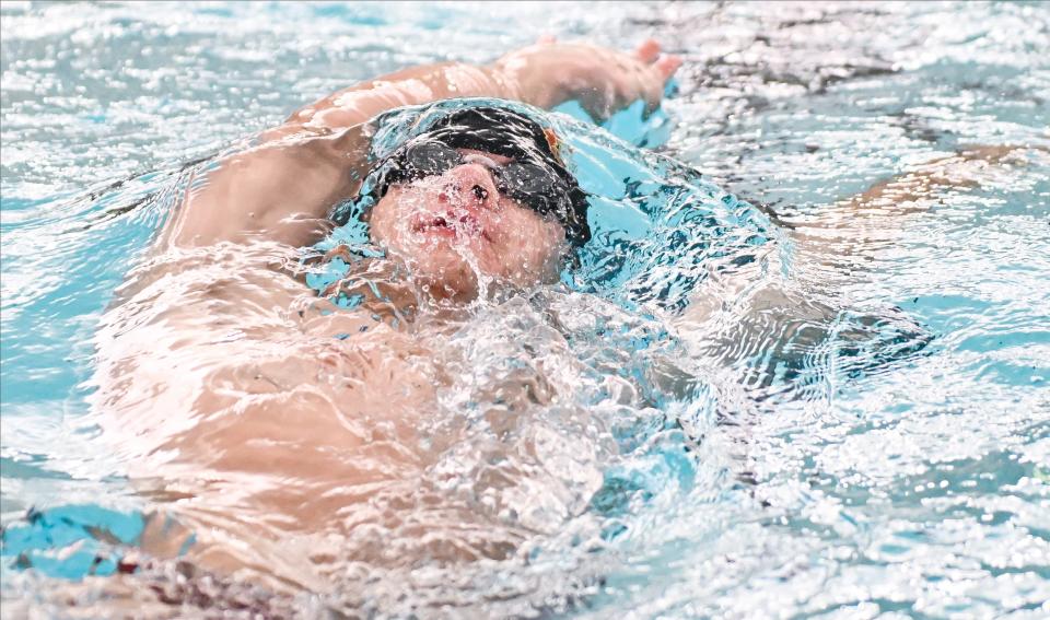 Bloomington North’s Ben Dixon competes in the 200 yard IM during their dual meet against Edgewood at Bloomington North on Tuesday, Jan. 23, 2024.