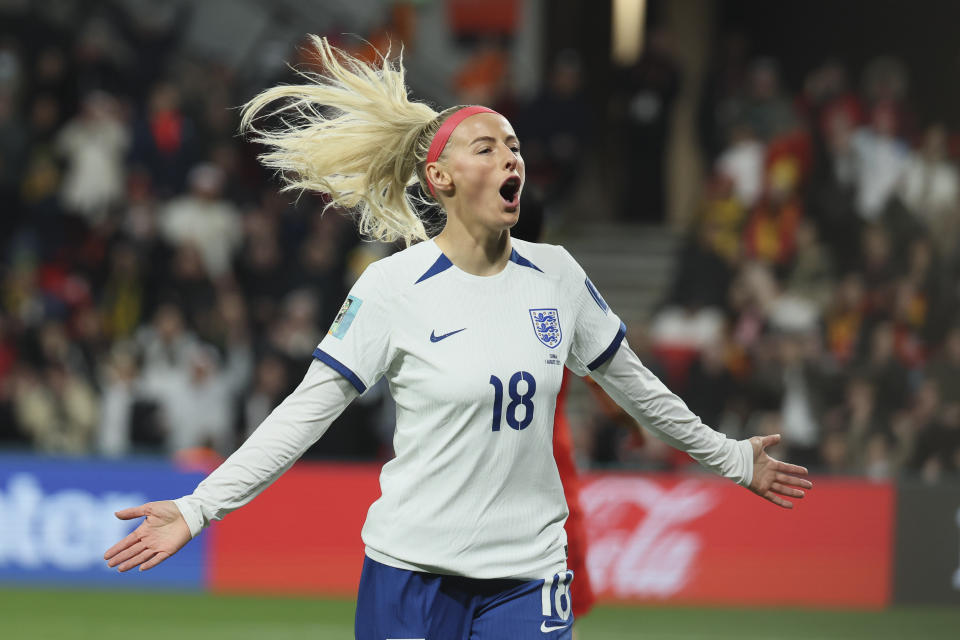 England's Chloe Kelly, celebrates after scored during the Women's World Cup Group D soccer match between China and England in Adelaide, Australia, Tuesday, Aug. 1, 2023. (AP Photo/James Elsby)