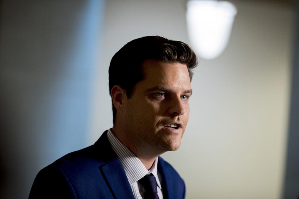 Rep. Matt Gaetz speaks to reporters on Capitol Hill. 