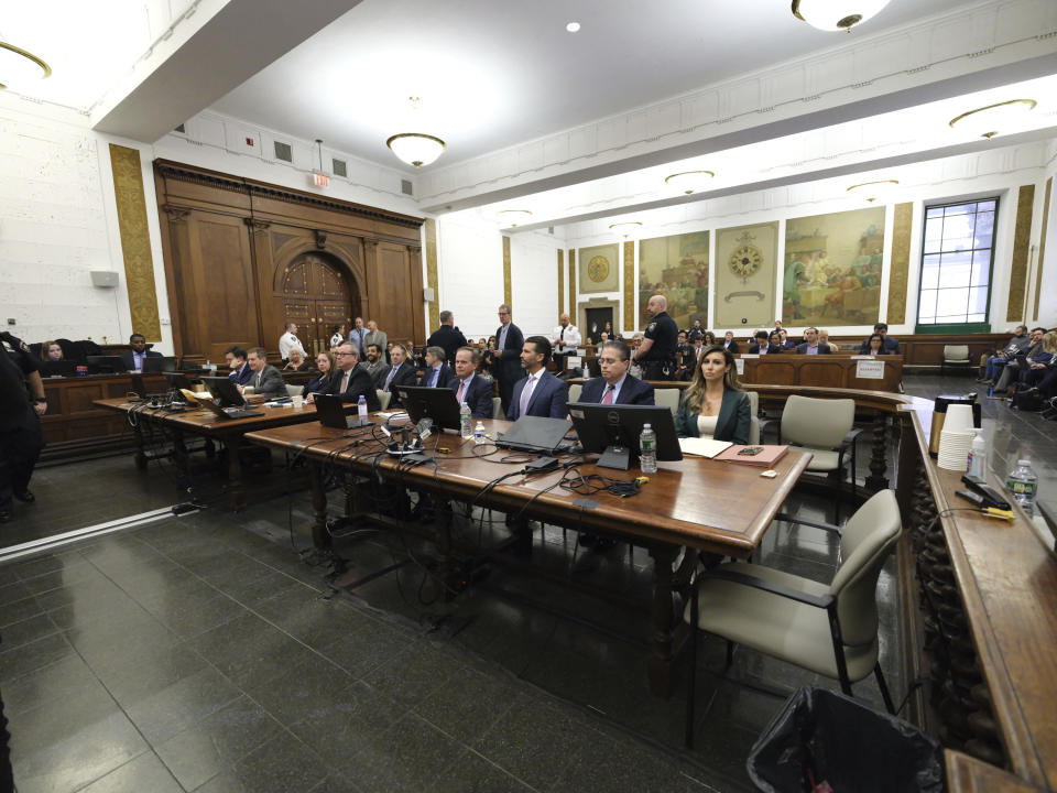 Donald Trump Jr prepares to take the stand in the civil business fraud trial at New York Supreme Court, Monday, Nov. 13, 2023, in New York. (Curtis Means/Daily Mail via AP, Pool)