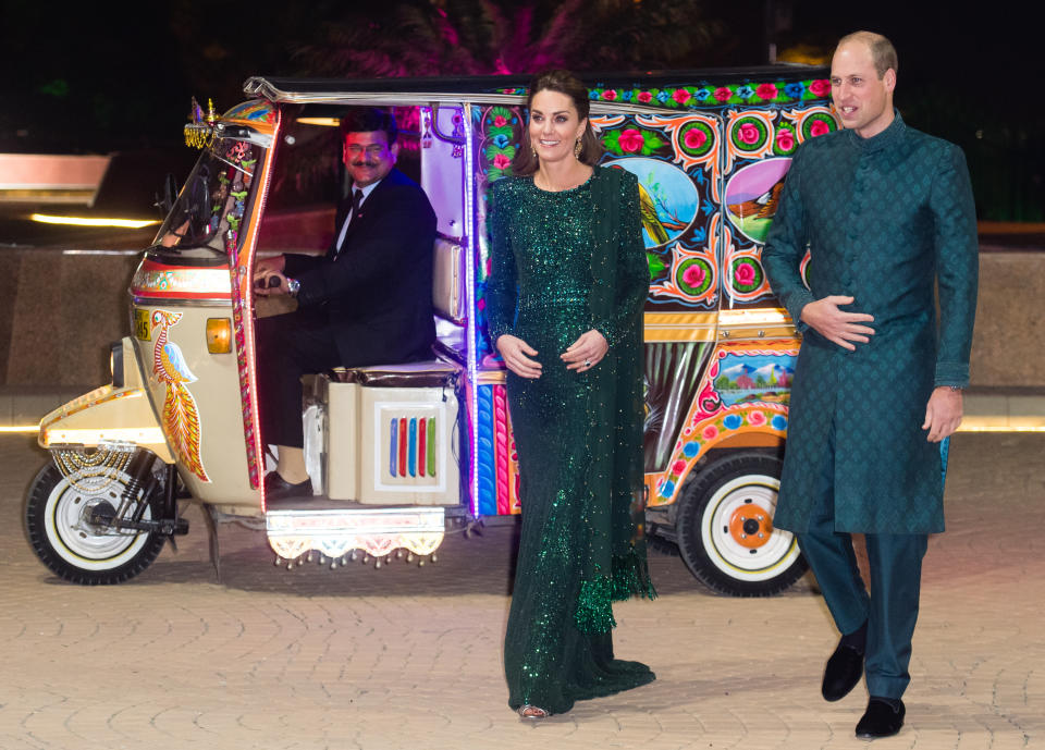 Duchess of Cambridge and Prince William, Duke of Cambridge arrive by Tuk Tuk as they attend a special reception hosted by the British High Commissioner Thomas Drew. [Photo: Getty]