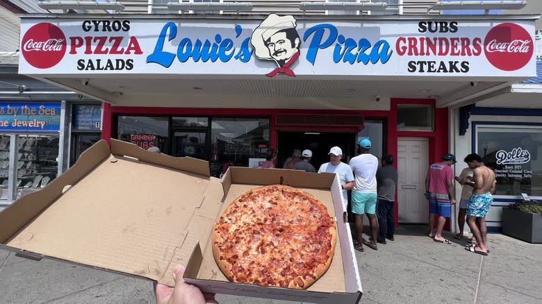 Louie's Pizza exterior and a pizza