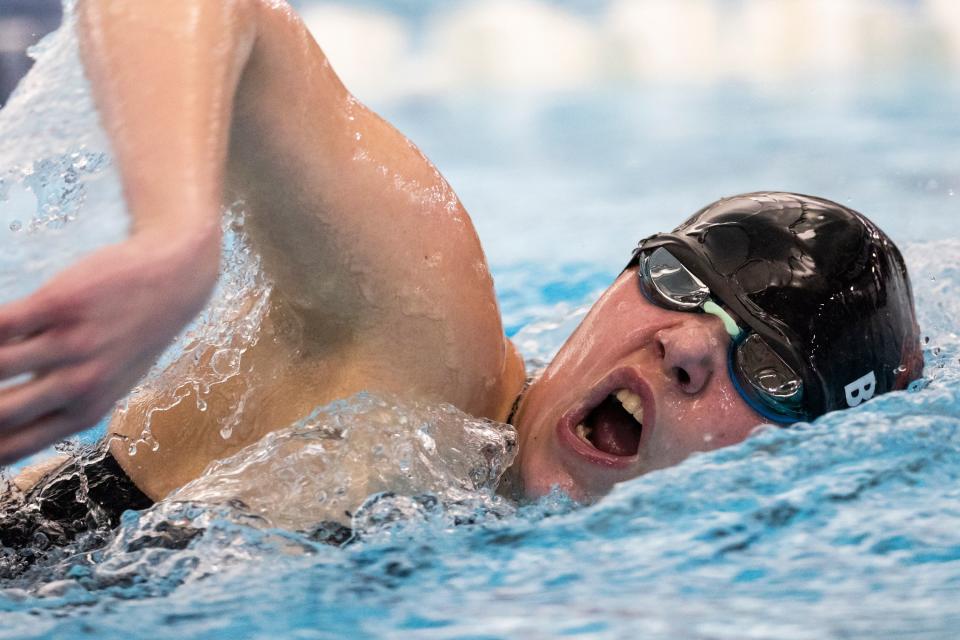 A swimmer from Weber High School competes in the Women’s 400 Free Relay at the Utah 6A State Meet at the Stephen L. Richards Building in Provo on Saturday, Feb. 24, 2024. | Marielle Scott, Deseret News