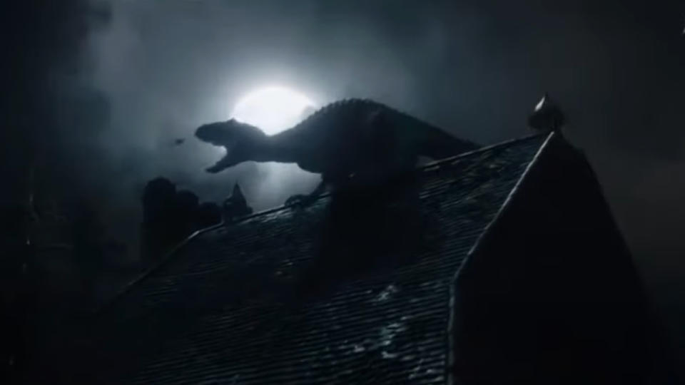 The Indoraptor roars at the moon in Jurassic World: Fallen Kingdom.