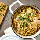 <p>You'll only have to dirty one pot in this easy pasta recipe that cooks chicken and vegetables right along with the noodles. Plus, by using the exact amount of water you need to cook the pasta, the starch that usually gets drained off with your pasta water stays in the pot, giving you delectably creamy results. <a href="https://www.eatingwell.com/recipe/257110/creamy-chicken-brussels-sprouts-mushrooms-one-pot-pasta/" rel="nofollow noopener" target="_blank" data-ylk="slk:View Recipe;elm:context_link;itc:0;sec:content-canvas" class="link ">View Recipe</a></p>