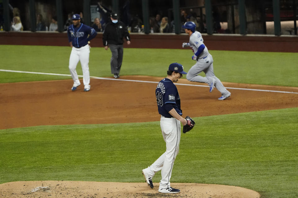 Los Angeles Dodgers' Corey Seager rounds the bases after a home run off Tampa Bay Rays starting pitcher Ryan Yarbrough during the third inning in Game 4 of the baseball World Series Saturday, Oct. 24, 2020, in Arlington, Texas. (AP Photo/Tony Gutierrez)