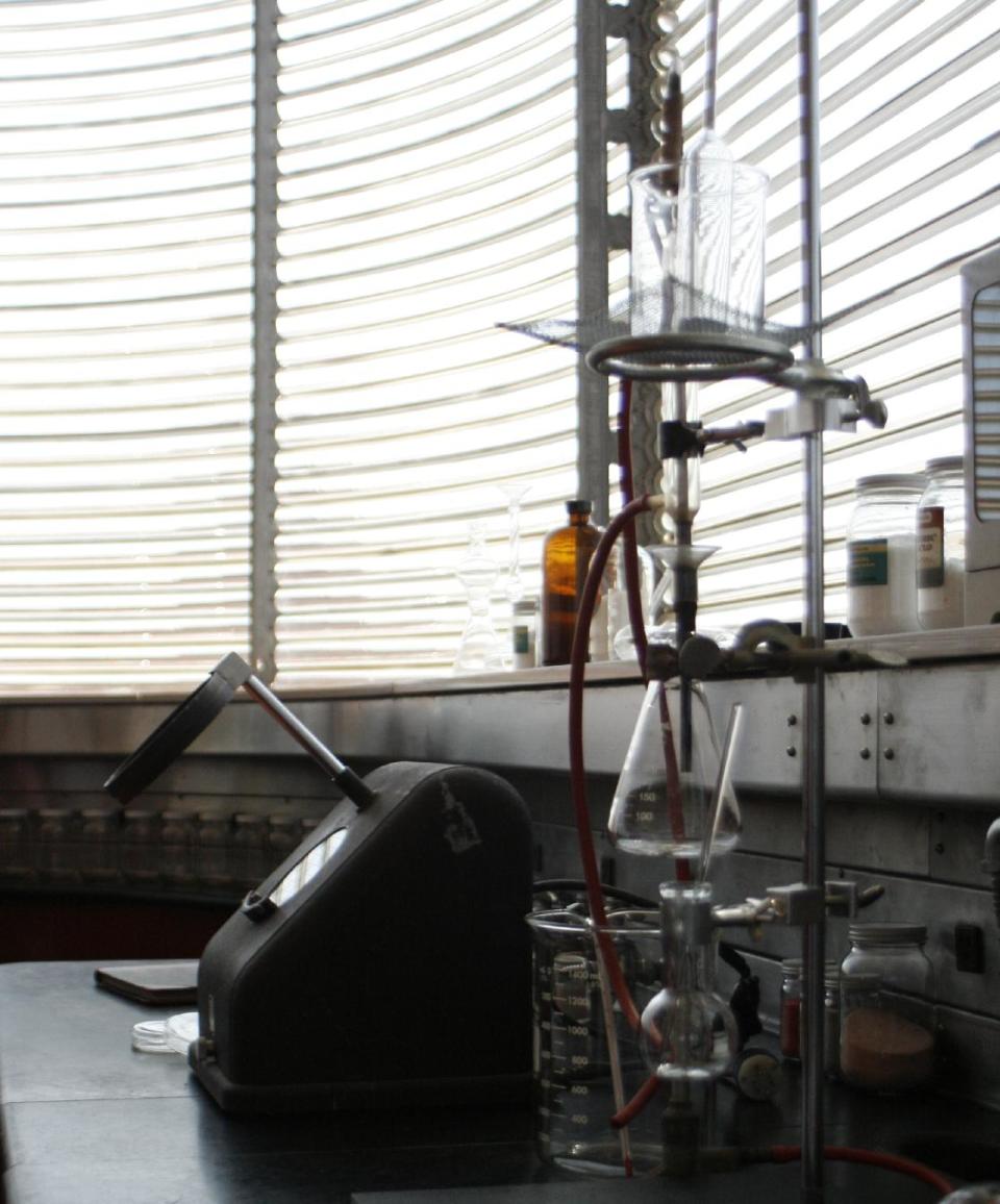 This Friday, April 18, 2014, photo shows equipment in a lab in the SC Johnson Research Tower in Racine, Wis. Exterior walls in the building designed by Frank Lloyd Wright are made of glass tubes that allow in natural light while blocking what was once an industrial view. The building is being opened for public tours for the first time beginning May 2.Friday, April 18, 2014, in Milwaukee. (AP Photo/M.L. Johnson)