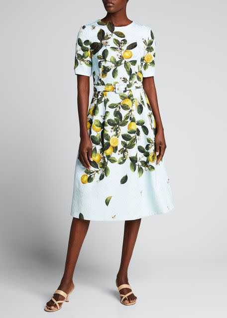 Lemon-Print Belted Midi Dress