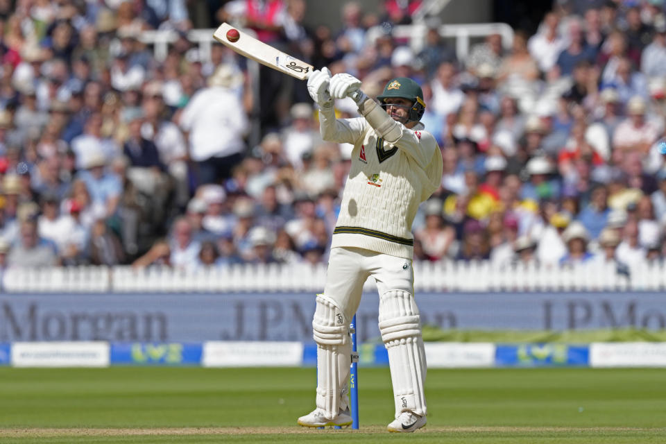 Australia's Nathan Lyon plays a shot during the fourth day of the second Ashes Test match between England and Australia, at Lord's cricket ground in London, Saturday, July 1, 2023. (AP Photo/Kirsty Wigglesworth)