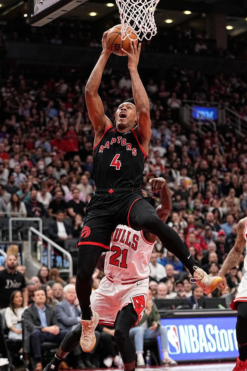 Toronto Raptors forward Scottie Barnes goes up to make a basket against the Chicago Bulls on April 12 during the second half of an NBA Play-In game at Toronto's Scotiabank Arena.