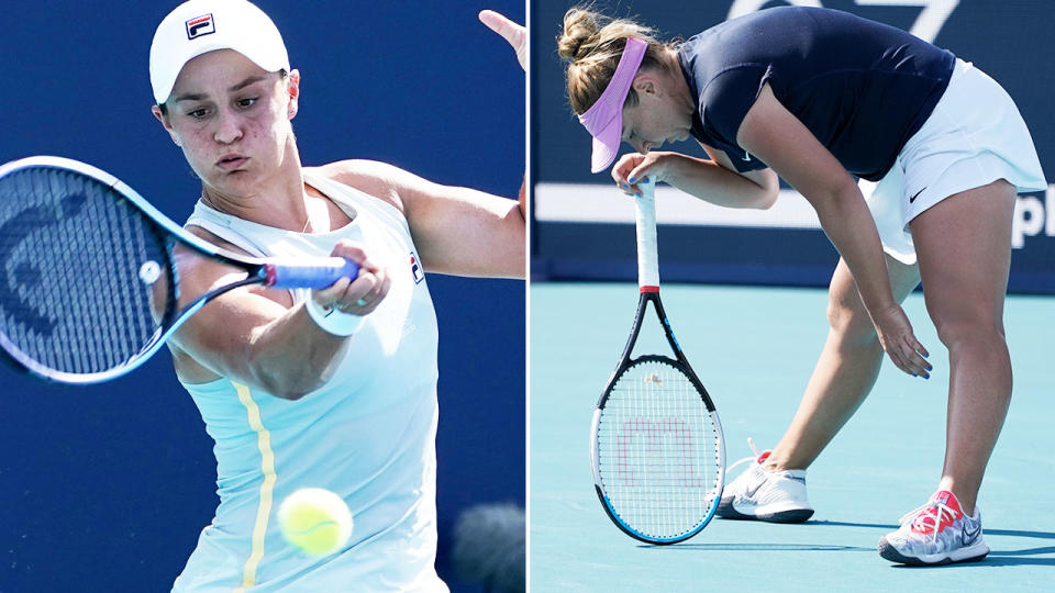 Ash Barty and Kristína Kucova, pictured here in action at the Miami Open.