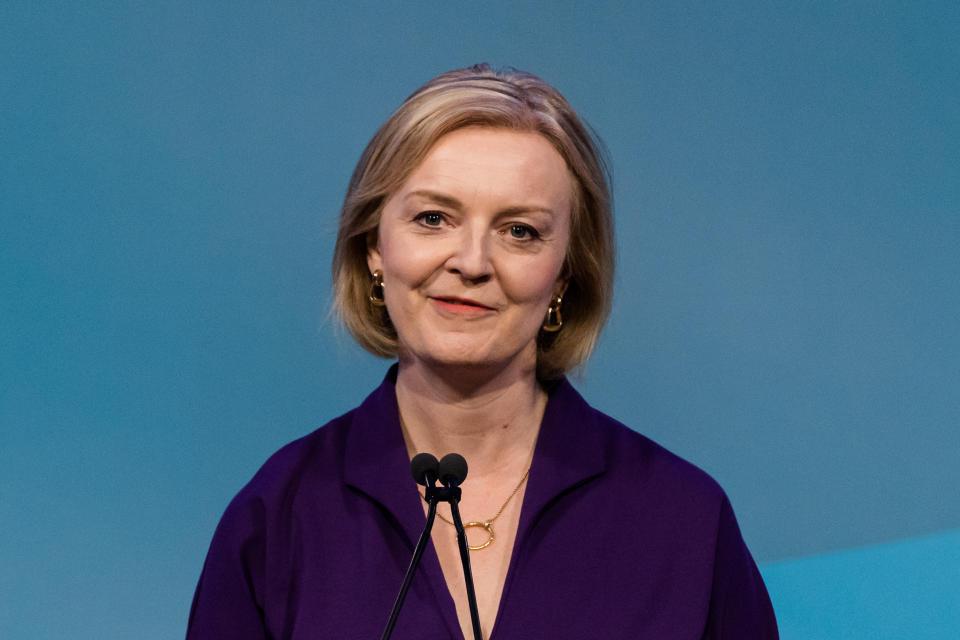 LONDON, UNITED KINGDOM - SEPTEMBER 05: Foreign Secretary Liz Truss delivers an acceptance speech at the Queen Elizabeth II Conference Centre in Westminster after being announced the winner of the Conservative Party leadership contest in London, United Kingdom on September 05, 2022. Liz Truss will be appointed as Britain's new prime minister on Tuesday after Boris Johnson visits the Queen at Balmoral to officially resign his position. (Photo by Wiktor Szymanowicz/Anadolu Agency via Getty Images)