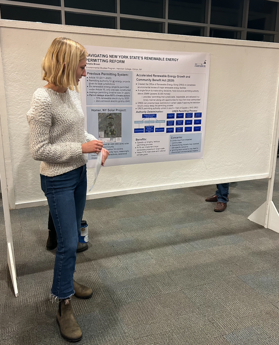 A student at Hamilton College's Renewable Energy Fair presents different ways to navigate statewide renewable energy reforms.