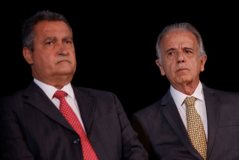 Chief of Staff of the Presidency nominee Rui Costa and defence minister nominee Jose Mucio attend a news conference at the transition government building in Brasilia