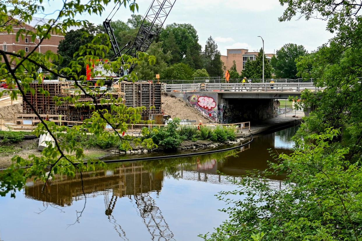 The Farm Lane bridge construction site on Wednesday, July 12, 2023, on the Michigan State University campus in East Lansing.