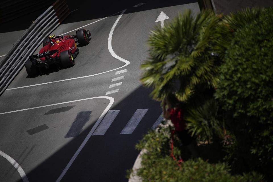 Ferrari driver Carlos Sainz of Spain steers his car during the third free practice at the Monaco racetrack, in Monaco, Saturday, May 28, 2022. The Formula one race will be held on Sunday. (AP Photo/Daniel Cole)