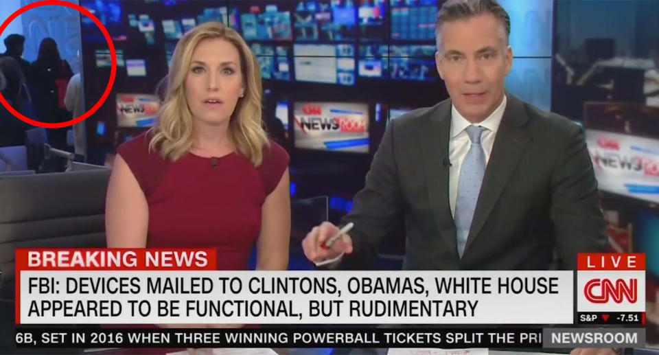 Jim Sciutto and Poppy Harlow were reporting on the suspicious packages that were sent to high-profile democrats including the Clintons and Obamas when their fire alarm went off. 
