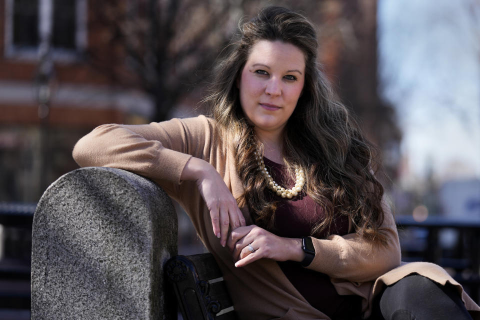 Kristin Fritz, a plaintiff in a lawsuit against Dr. Derrick Todd, poses for a portrait, Monday, April 8, 2024, in Portsmouth, N.H. Fritz and more than 200 women have accused Todd, a former rheumatologist at Brigham and Women's Hospital in Boston, of sexual abusing them by performing unnecessary pelvic and breast exams while under his care. (AP Photo/Charles Krupa)