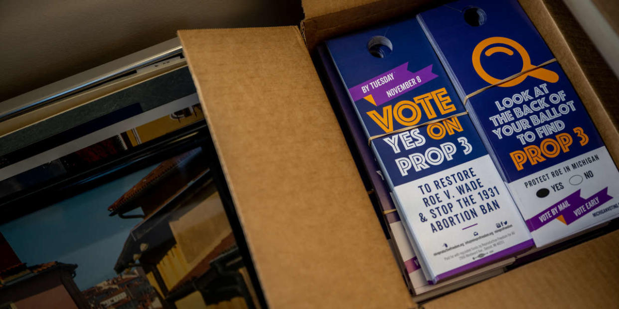 DEARBORN, MICHIGAN - NOVEMBER 06: Proposal 3 flyers are situated in boxes at the RFFA Dearborn site on November 06, 2022 in Dearborn, Michigan. Community members and activists of Proposal 3 continue canvassing and organizing around Michigan ahead of the November 8 midterm election.   Brandon Bell/Getty Images/AFP (Photo by Brandon Bell / GETTY IMAGES NORTH AMERICA / Getty Images via AFP)