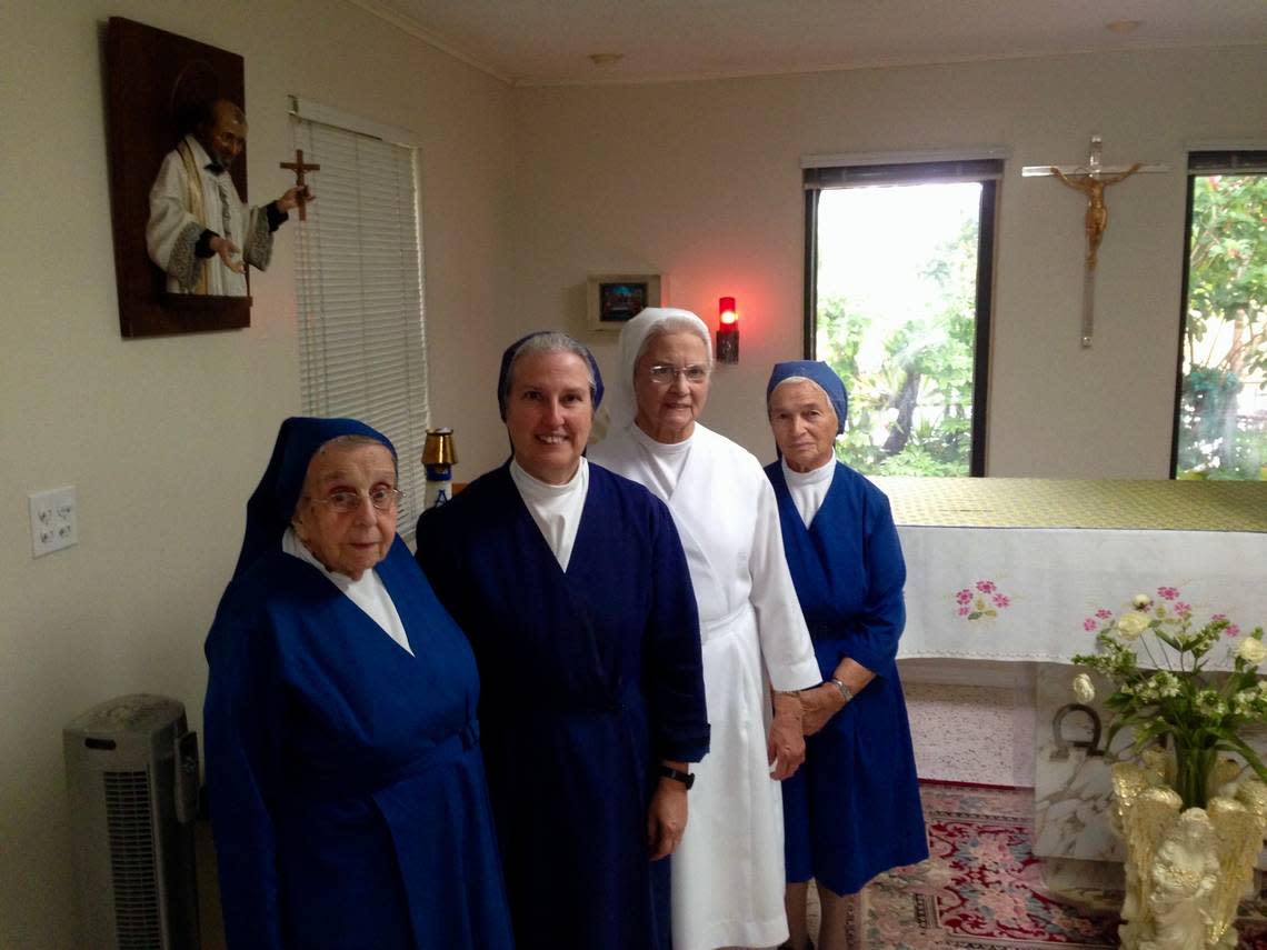 Sister Hilda Alonso, left, together with Sister Eva Pérez-Puelles, Sister Adela de la Cruz (now deceased) and Sister Rafaela González, in the chapel of St. Vincent de Paul House.