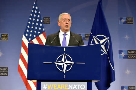 FILE PHOTO: U.S. Secretary of Defence Jim Mattis gives a news conference after a NATO defence ministers meeting at the Alliance headquarters in Brussels, Belgium June 29, 2017. REUTERS/Eric Vidal/File Photo