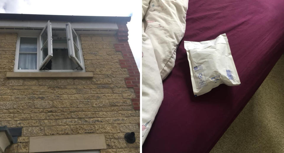 The second storey window seen slightly ajar (left). The package sits on the bed (right). 