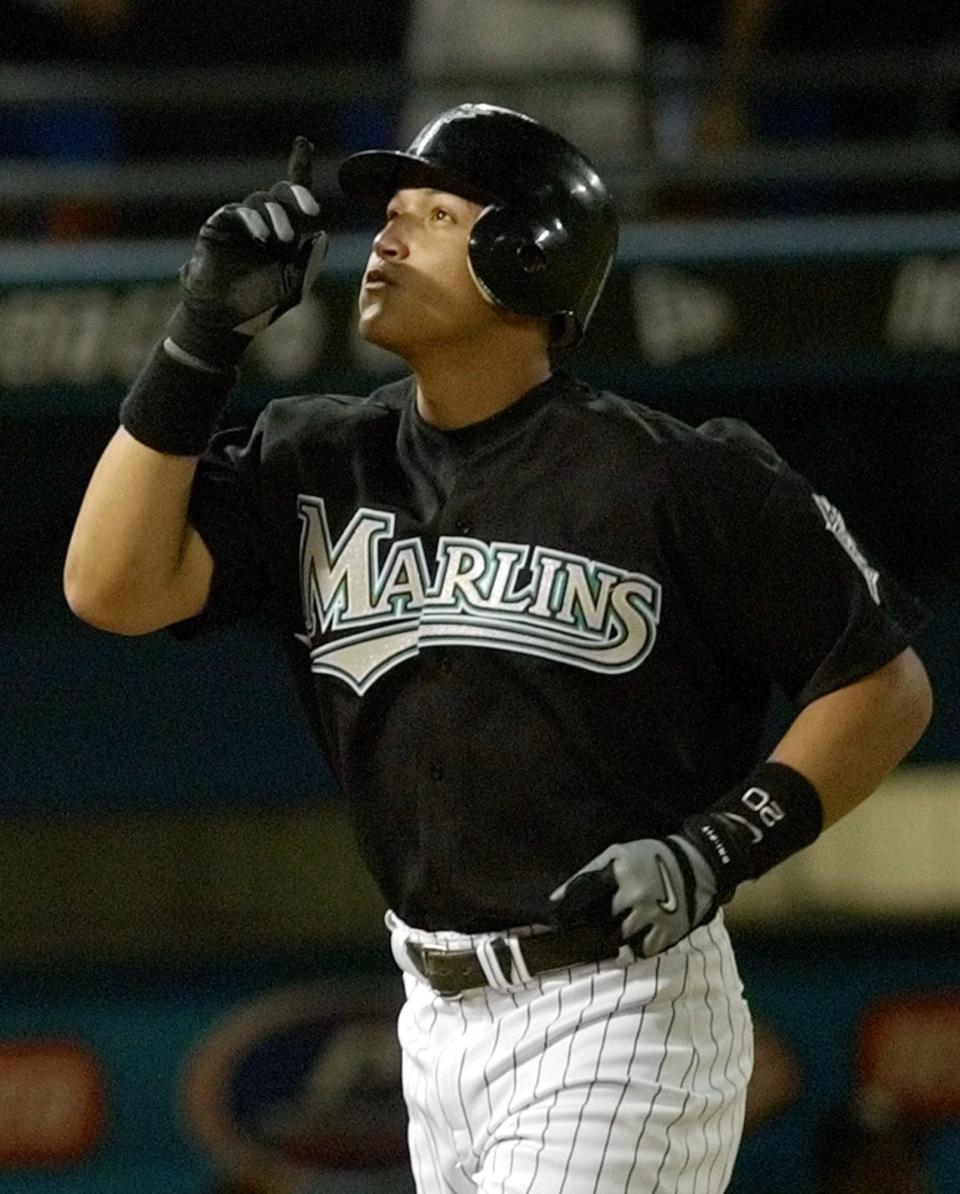 Miguel Cabrera, playing for the Florida Marlins, reacts after hitting a two-run homer against the New York Yankees in the first inning of Game 4 of the World Series at Pro Player Stadium in Miami, Fla., Wednesday Oct. 22, 2003.