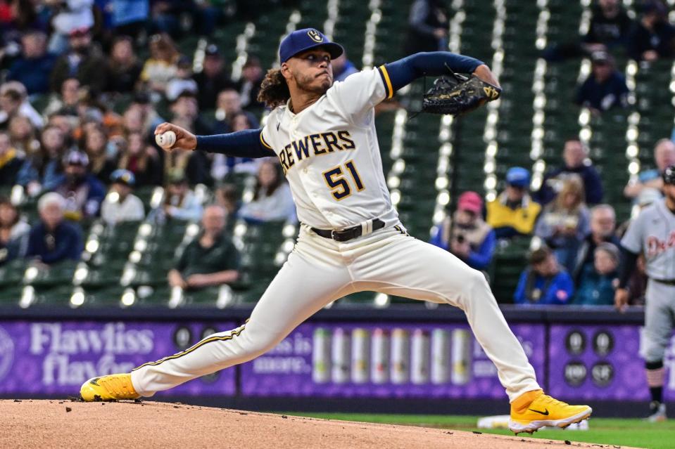 Milwaukee Brewers pitcher Freddy Peralta (51) throws a pitch in the first inning against the Detroit Tigers at American Family Field in Milwaukee on Wednesday, April 26, 2023.