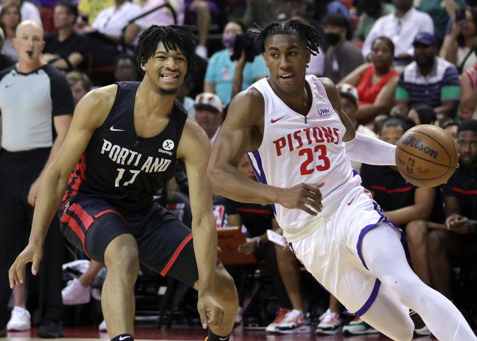 Detroit's Jaden Ivy drives against Portland's Shaedon Sharpe during the 2022 NBA Summer League at the Thomas &  Mack Center in Las Vegas on July 7, 2022. (Ethan Miller/Getty Images)