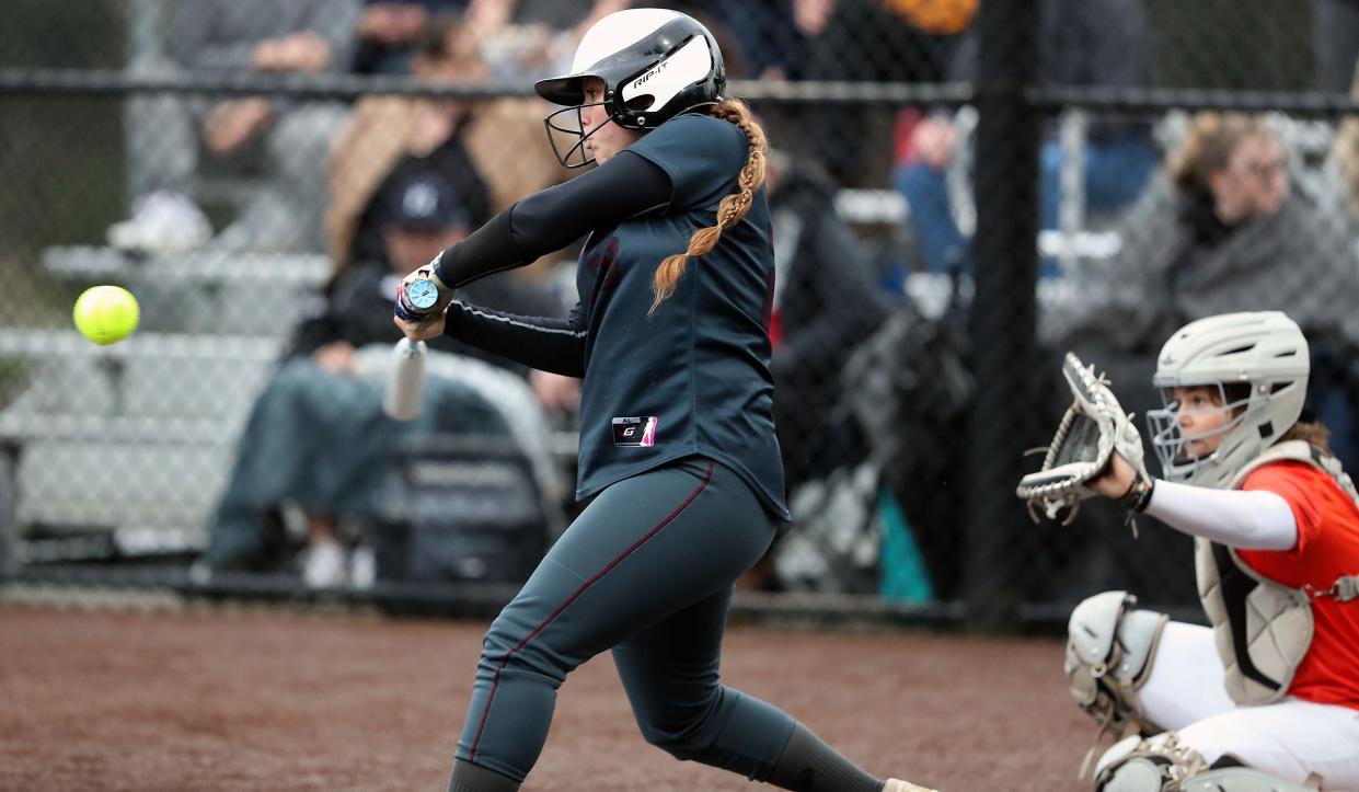 Kingston’s Jayla Moon connects with a pitch against Central Kitsap in Silverdale on Friday, March 22, 2024.