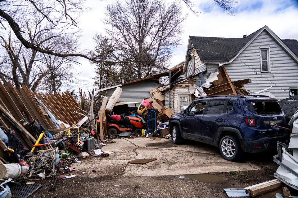 The remains of Daniel and Norma Ginger's garage on Wednesday, April 5, 2023, the day after a tornado outside Pleasantville, Iowa.