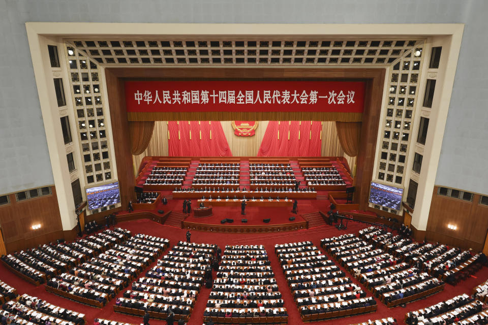 BEIJING, CHINA - MARCH 05: A general view of the Great Hall of the People during the Chinese Premier Li Keqiang delivers a speech in the opening of the first session of the 14th National People's Congress at The Great Hall of People on March 5, 2023 in Beijing, China.China's annual political gathering known as the Two Sessions will convene leaders and lawmakers to set the government's agenda for domestic economic and social development for the year. (Photo by Lintao Zhang/Getty Images)