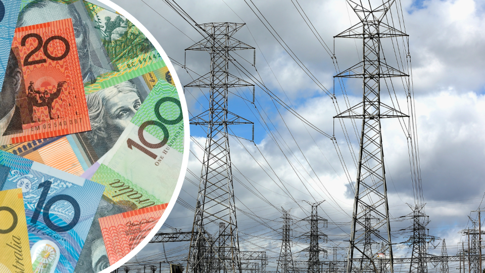 Australian Money and electricity power lines. Energy bills concept.