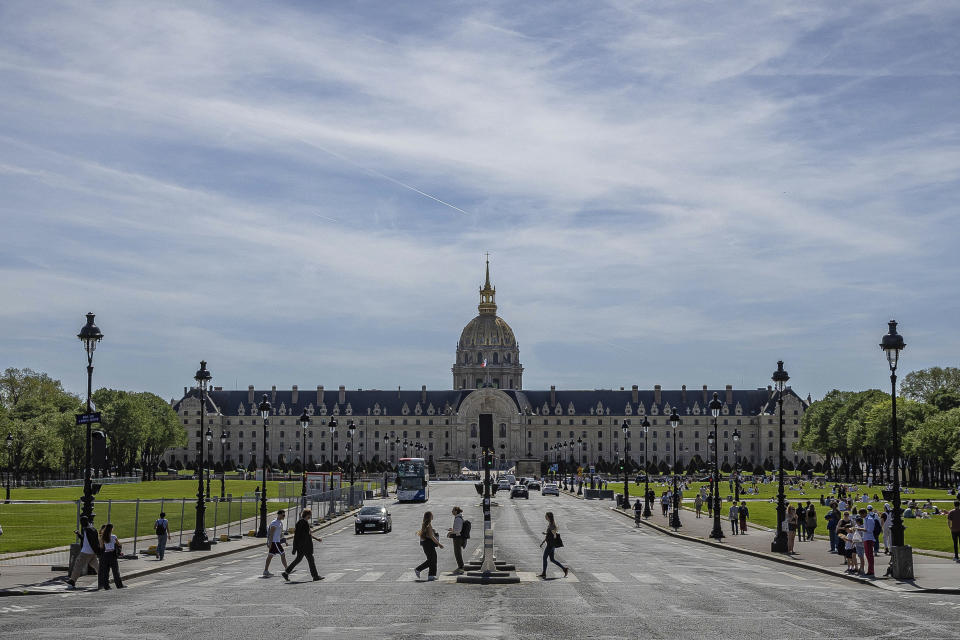 FILE - View of the Invalides monument, in Paris, Saturday, April 13, 2024. Les Invalides is the more common name for Hôtel des Invalides which houses Napoleon's tomb. The much-admired Paris landmark has a giant golden dome standing at 107 meters (351 feet) and is covered with nearly 13 kilograms (29 pounds) of gold leaf. Olympic archers will set their sights on its grassy esplanade. (AP Photo/Aurelien Morissard, File)