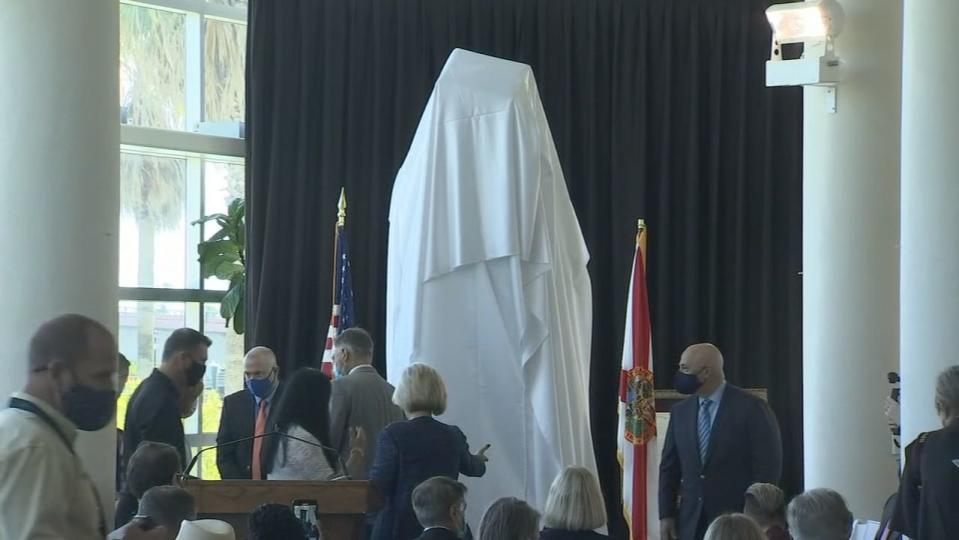 An 11-foot marble statue of educator, activist and entrepreneur Dr. Mary McLeod Bethune was unveiled in Daytona Beach on Monday.