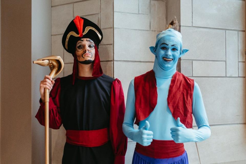Aaron Saari dressed as Jafar (left) and Andy Saari as Genie (right) are in their final year at the Wayne County Performing Arts Council's summer junior performance. The twins will move on to college this fall.