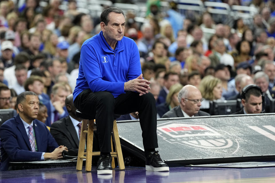 Duke head coach Mike Krzyzewski watches during the first half of a college basketball game against North Carolina in the semifinal round of the Men's Final Four NCAA tournament, Saturday, April 2, 2022, in New Orleans. (AP Photo/David J. Phillip)