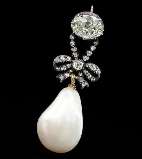 Marie-Antoinette's natural pearl and diamond pendant, estimate $1-2 million - Credit: Sotheby's Geneva